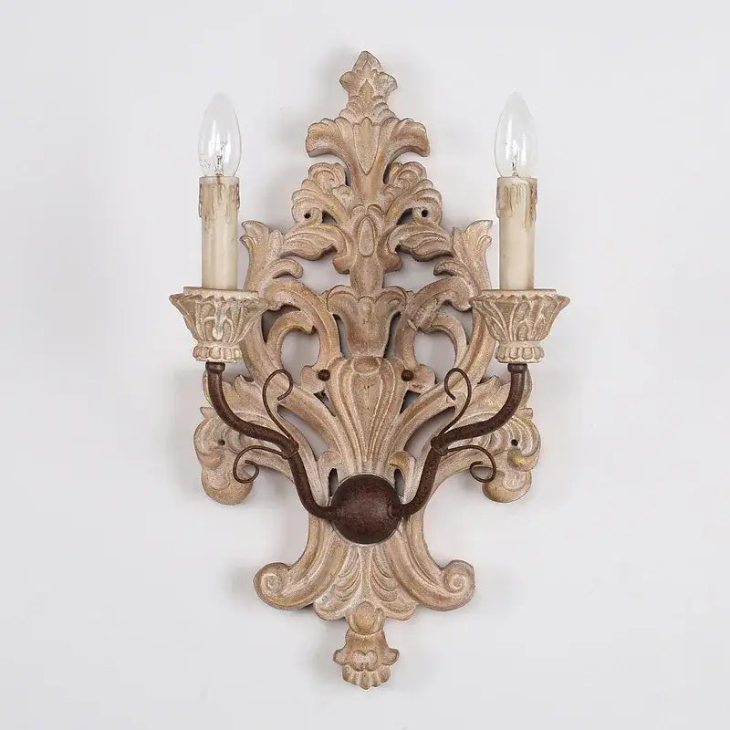 Antique solid wood wall lamp with two-light ornate distressed beige wood and dark metal accents for elegant decorbites decor