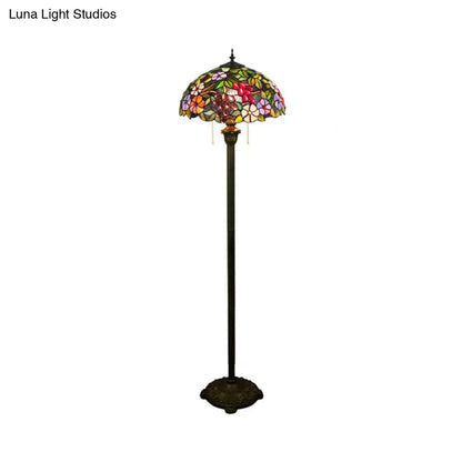 Lámpara de pie antigua de vitral con pantalla en forma de cuenco - 2 cabezales, color púrpura