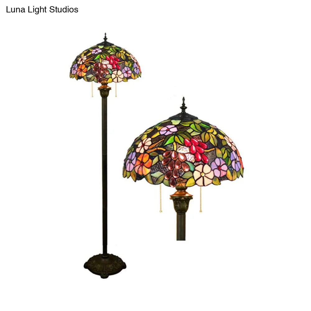 Lámpara de pie antigua de vitral con pantalla en forma de cuenco - 2 cabezales, color púrpura