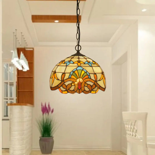 Antique Stained Glass Flower Pendant Light Fixture - Beige Suspension