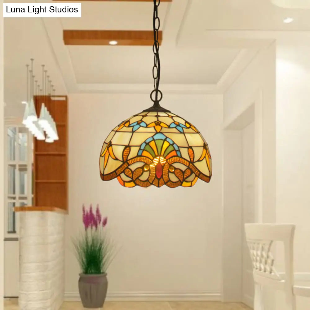 Antique Stained Glass Flower Pendant Light Fixture - Beige Suspension