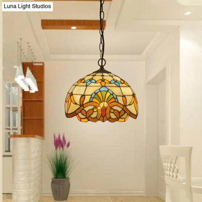 Antique Stained Glass Flower Pendant Light Fixture - Beige Suspension