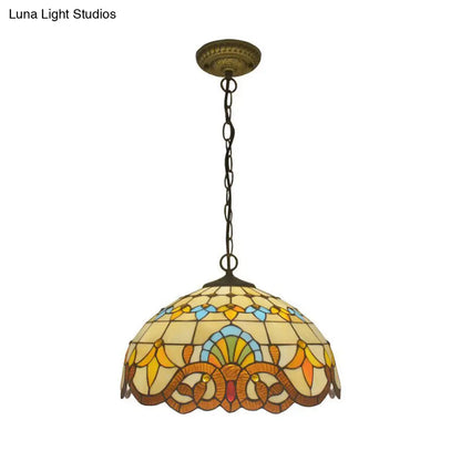 Antique Stained Glass Flower Pendant Light Fixture - Beige Suspension