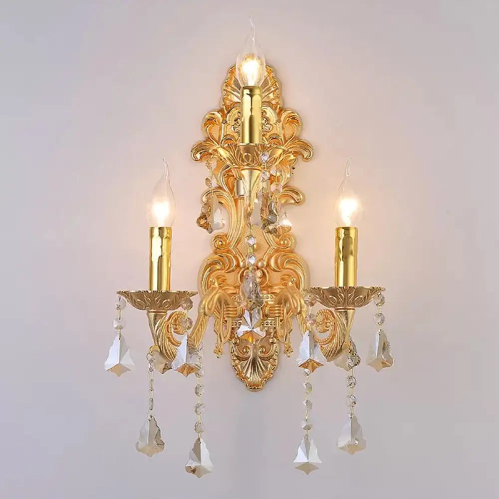 Aplique de pared de estilo antiguo con tres luces y gota de cristal - Lámpara de pared metálica