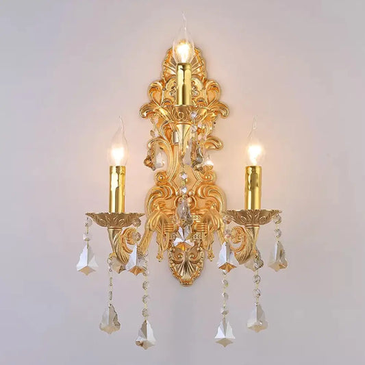 Aplique de pared de estilo antiguo con tres luces y gota de cristal - Lámpara de pared metálica