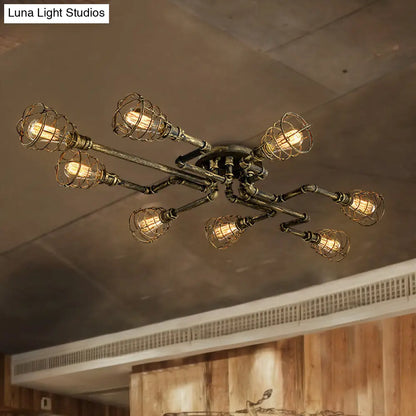 DecorBites™ Antique Style 8-Light Bronze Twisted Pipe Ceiling Lamp with Cage Shade