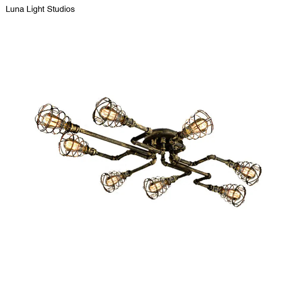 DecorBites™ Antique Style 8-Light Bronze Twisted Pipe Ceiling Lamp with Cage Shade