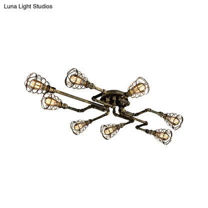 DecorBites™ Antique Style 8-Light Bronze Twisted Pipe Ceiling Lamp with Cage Shade