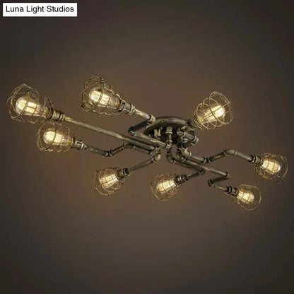 DecorBites™ Antique Style 8-Light Bronze Twisted Pipe Ceiling Lamp with Cage Shade