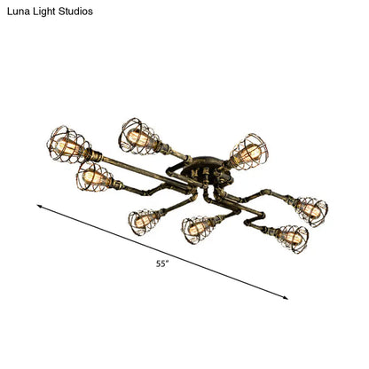 DecorBites™ Antique Style 8-Light Bronze Twisted Pipe Ceiling Lamp with Cage Shade