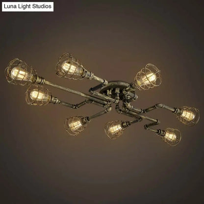 DecorBites™ Antique Style 8-Light Bronze Twisted Pipe Ceiling Lamp with Cage Shade