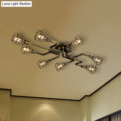DecorBites™ Antique Style 8-Light Bronze Twisted Pipe Ceiling Lamp with Cage Shade