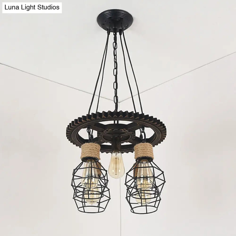 Antique Style Black Iron Pendant Light with Wire Guard - 5/7-Head Suspended Lamp Fixture