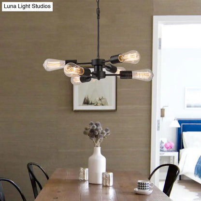 ثريا معدنية سوداء على الطراز العتيق مع 6 رؤوس مصابيح مكشوفة - مصباح طاولة معلق
