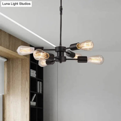ثريا معدنية سوداء على الطراز العتيق مع 6 رؤوس مصابيح مكشوفة - مصباح طاولة معلق