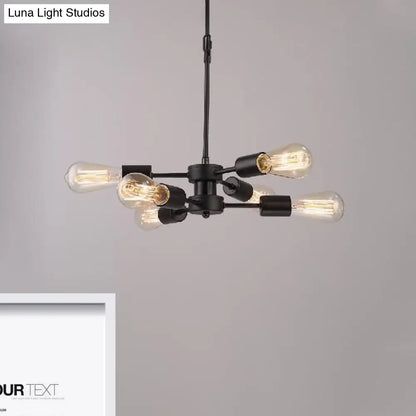 ثريا معدنية سوداء على الطراز العتيق مع 6 رؤوس مصابيح مكشوفة - مصباح طاولة معلق