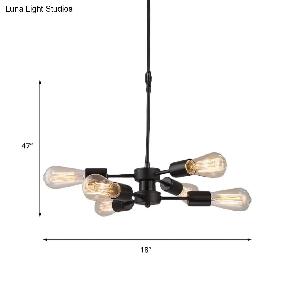 ثريا معدنية سوداء على الطراز العتيق مع 6 رؤوس مصابيح مكشوفة - مصباح طاولة معلق