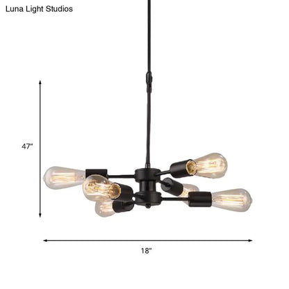ثريا معدنية سوداء على الطراز العتيق مع 6 رؤوس مصابيح مكشوفة - مصباح طاولة معلق