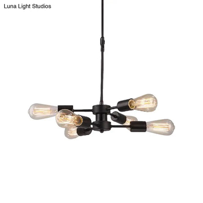 ثريا معدنية سوداء على الطراز العتيق مع 6 رؤوس مصابيح مكشوفة - مصباح طاولة معلق