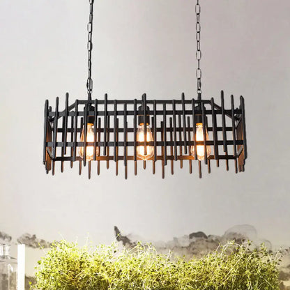 Decorbites™ black metal wire cage island light with three exposed edison bulbs in antique style farmhouse design