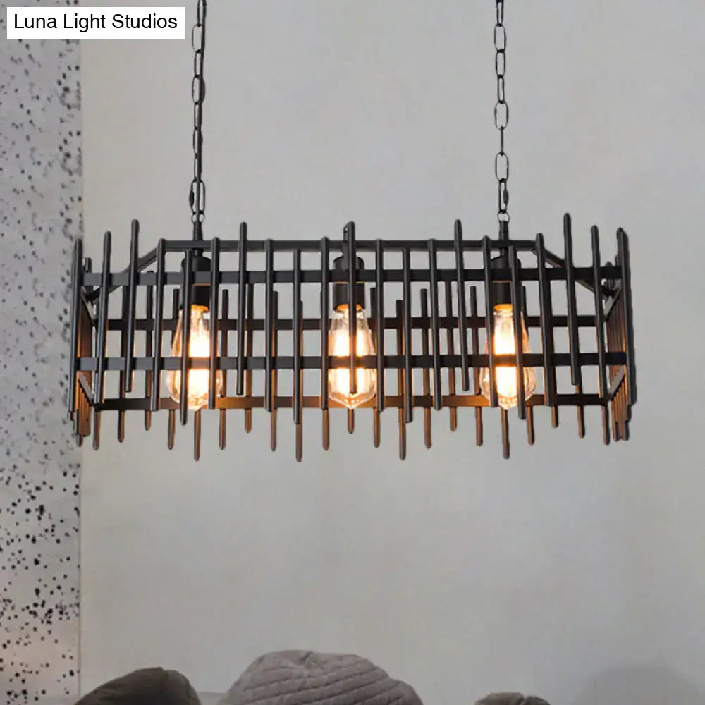 DecorBites™ antique style black metal wire cage island light with three exposed Edison bulbs for farmhouse decor