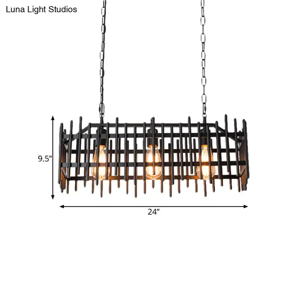 DecorBites metallic wire cage island light with three antique style exposed Edison bulbs in black metal finish