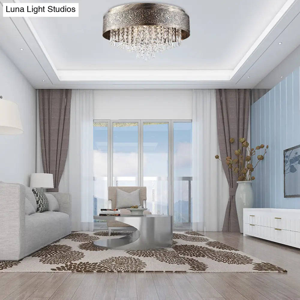 DecorBites™ Antique Style Bronze Drum Flush Lamp with Crystal Accent, 5/9 Light Iron Flush Mount Ceiling Light - 16"/19.5" Width