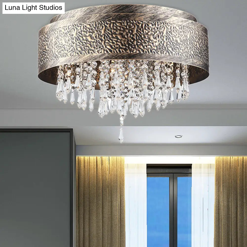 DecorBites™ Antique Style Bronze Drum Flush Lamp with Crystal Accent, 5/9 Light Iron Flush Mount Ceiling Light - 16"/19.5" Width