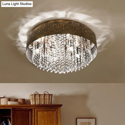 DecorBites™ Antique Style Bronze Drum Flush Lamp with Crystal Accent, 5/9 Light Iron Flush Mount Ceiling Light - 16"/19.5" Width