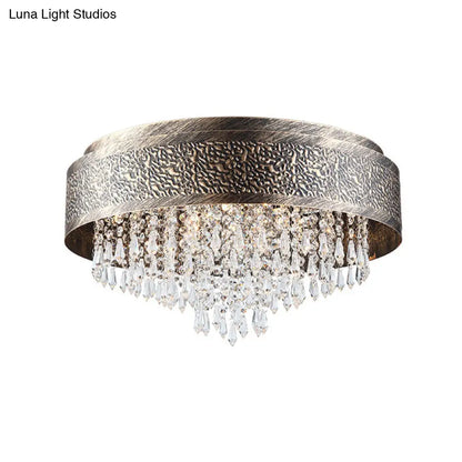 DecorBites™ Antique Style Bronze Drum Flush Lamp with Crystal Accent, 5/9 Light Iron Flush Mount Ceiling Light - 16"/19.5" Width