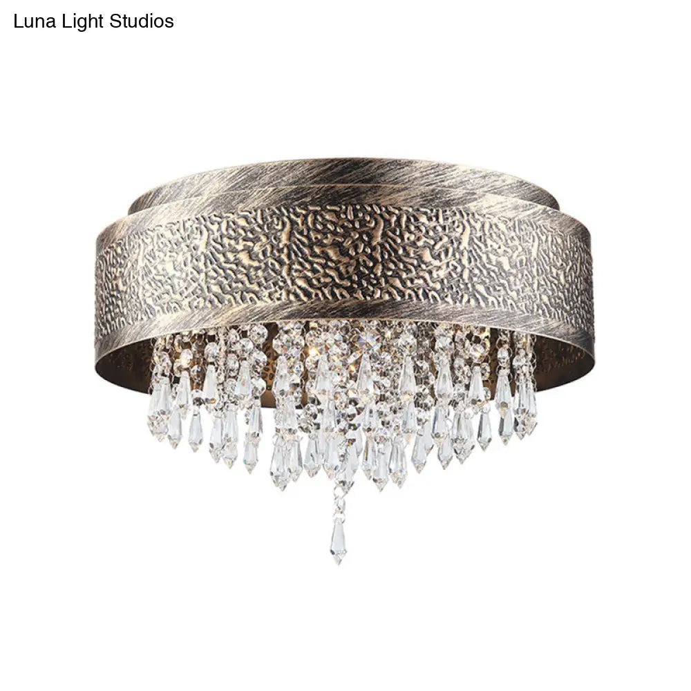 DecorBites™ Antique Style Bronze Drum Flush Lamp with Crystal Accent, 5/9 Light Iron Flush Mount Ceiling Light - 16"/19.5" Width