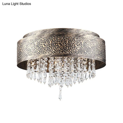 DecorBites™ Antique Style Bronze Drum Flush Lamp with Crystal Accent, 5/9 Light Iron Flush Mount Ceiling Light - 16"/19.5" Width