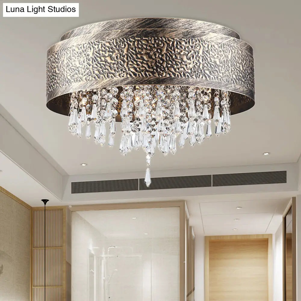 DecorBites™ Antique Style Bronze Drum Flush Lamp with Crystal Accent, 5/9 Light Iron Flush Mount Ceiling Light - 16"/19.5" Width