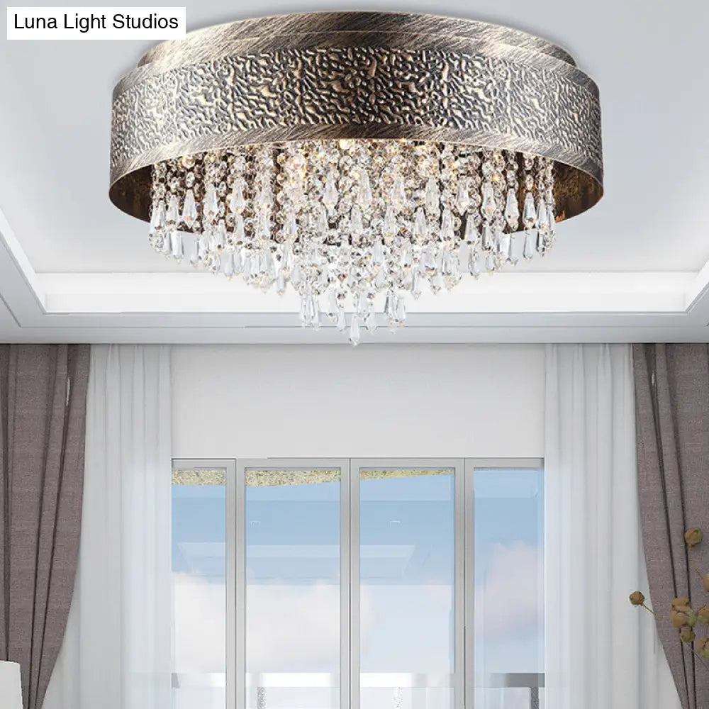 DecorBites™ Antique Style Bronze Drum Flush Lamp with Crystal Accent, 5/9 Light Iron Flush Mount Ceiling Light - 16"/19.5" Width