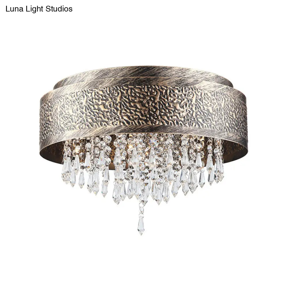 DecorBites™ Antique Style Bronze Drum Flush Lamp with Crystal Accent, 5/9 Light Iron Flush Mount Ceiling Light - 16"/19.5" Width