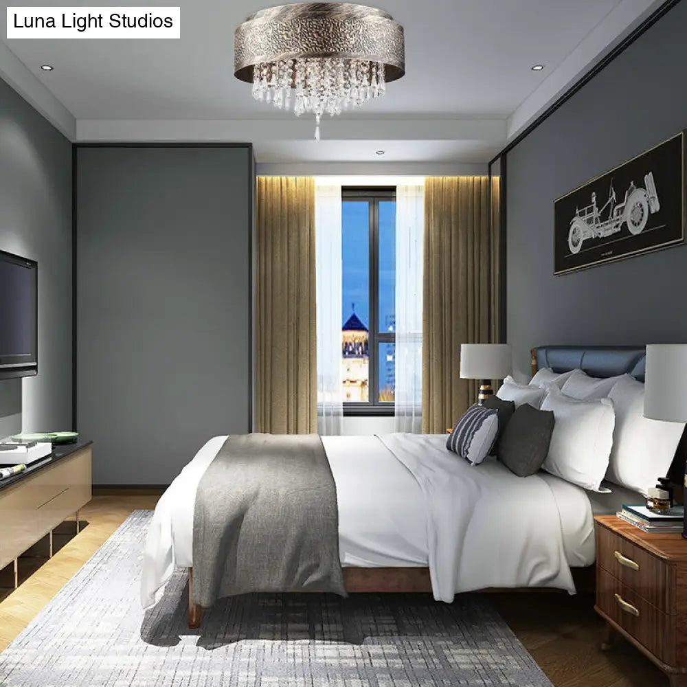 DecorBites™ Antique Style Bronze Drum Flush Lamp with Crystal Accent, 5/9 Light Iron Flush Mount Ceiling Light - 16"/19.5" Width