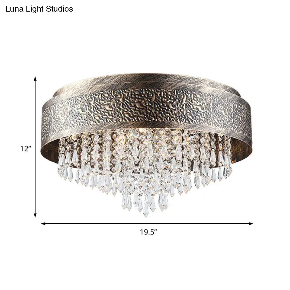 DecorBites™ Antique Style Bronze Drum Flush Lamp with Crystal Accent, 5/9 Light Iron Flush Mount Ceiling Light - 16"/19.5" Width
