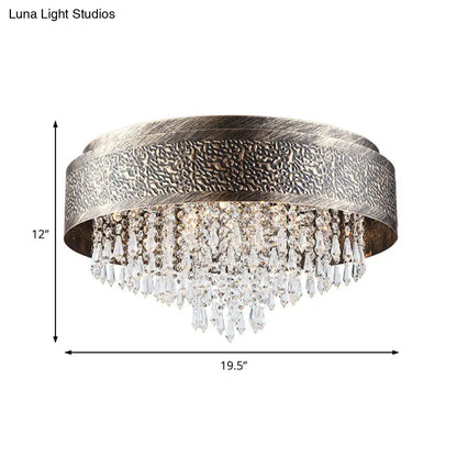 DecorBites™ Antique Style Bronze Drum Flush Lamp with Crystal Accent, 5/9 Light Iron Flush Mount Ceiling Light - 16"/19.5" Width