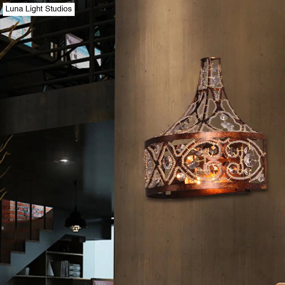 Lámpara de pared antigua de estilo óxido oscuro con cuentas de cristal - Lámpara de tambor de 2 luces para pasillo