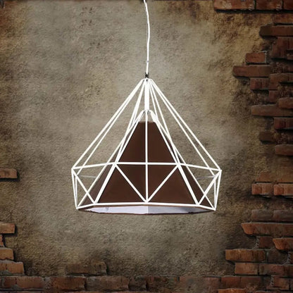 Antique Style Diamond Cage Hanging Light with Fabric Shade - White/Brown Metal Ceiling Fixture [10/15/18]