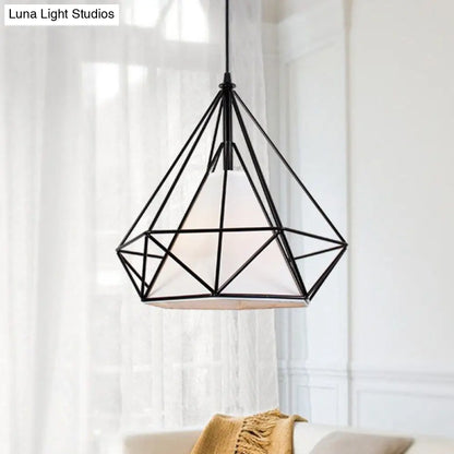 Antique Style Diamond Cage Hanging Light with Fabric Shade - White/Brown Metal Ceiling Fixture [10/15/18]