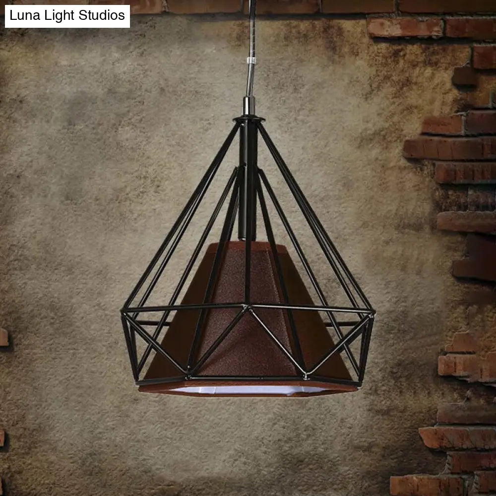 Antique Style Diamond Cage Hanging Light with Fabric Shade - White/Brown Metal Ceiling Fixture [10/15/18]