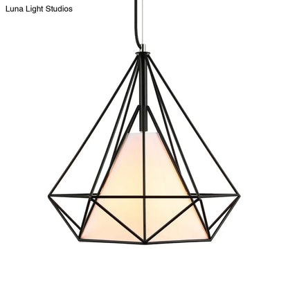 Antique Style Diamond Cage Hanging Light with Fabric Shade - White/Brown Metal Ceiling Fixture [10/15/18]