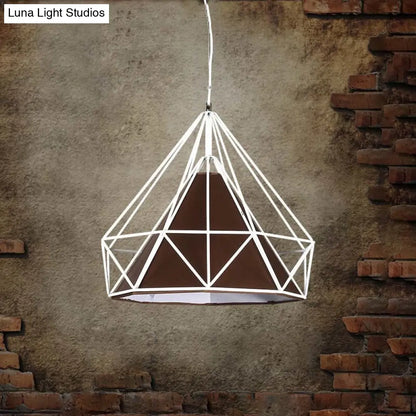 Antique Style Diamond Cage Hanging Light with Fabric Shade - White/Brown Metal Ceiling Fixture [10/15/18]