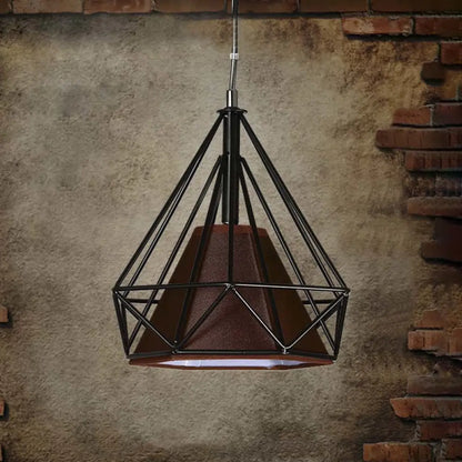 Antique Style Diamond Cage Hanging Light with Fabric Shade - White/Brown Metal Ceiling Fixture [10/15/18]