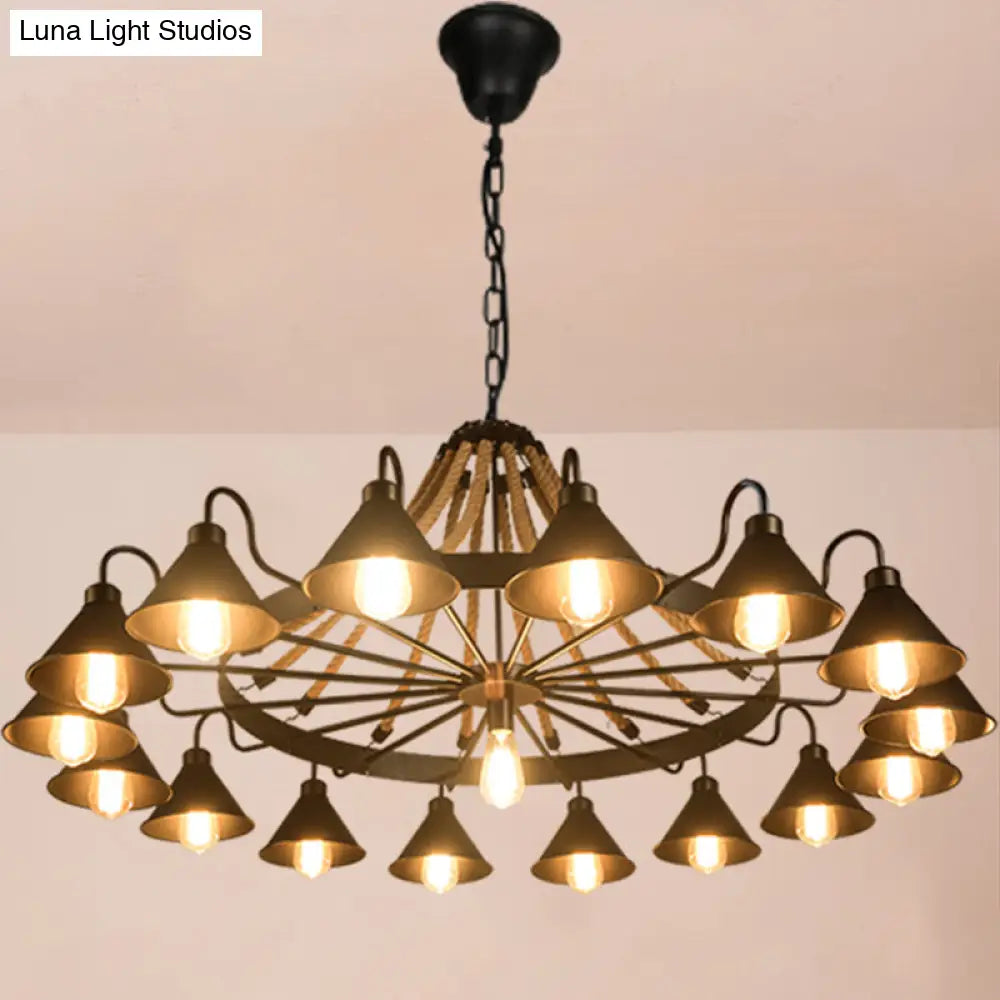 Antique Style Iron Chandelier with Black Conical Shade and Hemp Rope Pendant Lighting for Restaurants