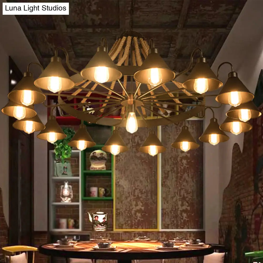 Antique Style Iron Chandelier with Black Conical Shade and Hemp Rope Pendant Lighting for Restaurants