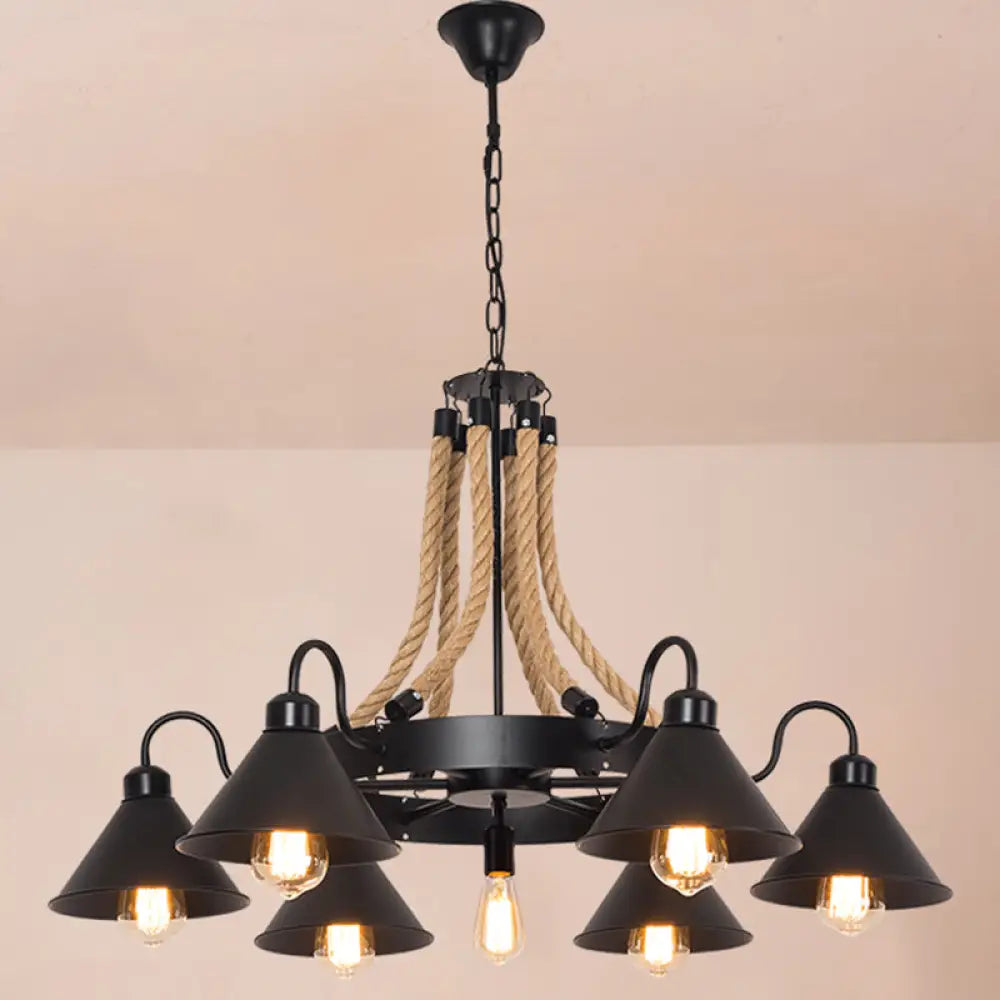 Antique Style Iron Chandelier with Black Conical Shade and Hemp Rope Pendant Lighting for Restaurants