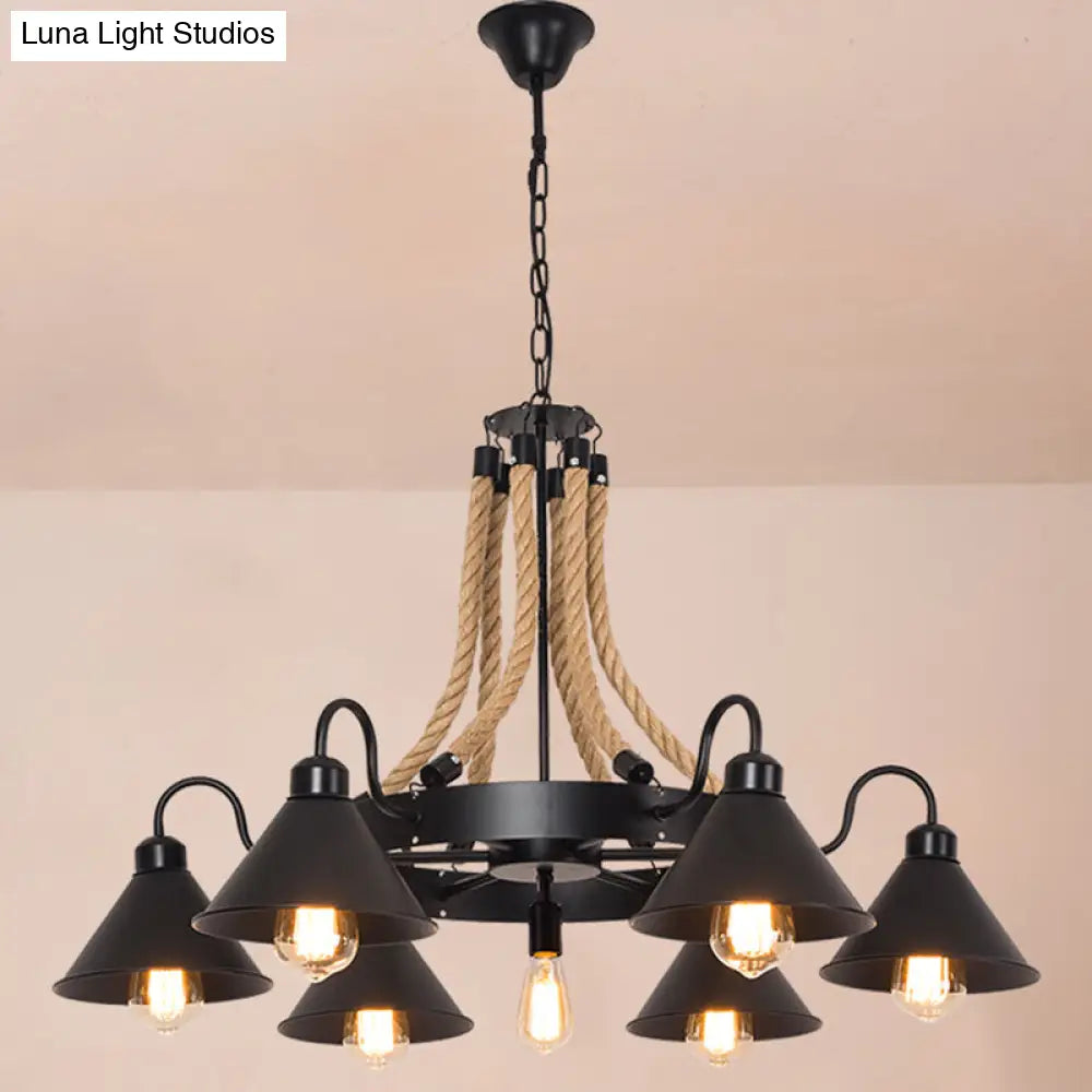 Antique Style Iron Chandelier with Black Conical Shade and Hemp Rope Pendant Lighting for Restaurants