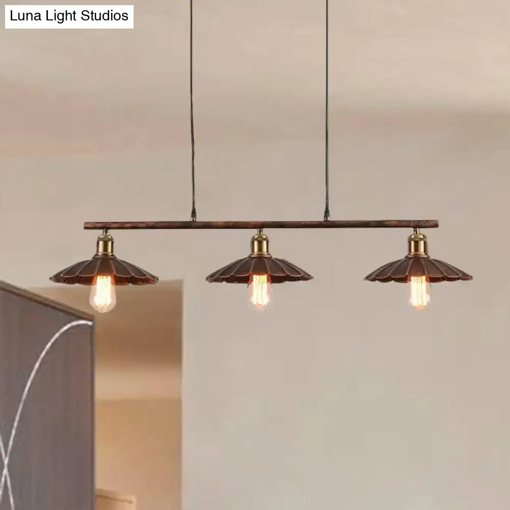 Industrial-style 3-head pendant lighting with dark bronze scalloped metal shades and exposed edison bulbs 110v-120v